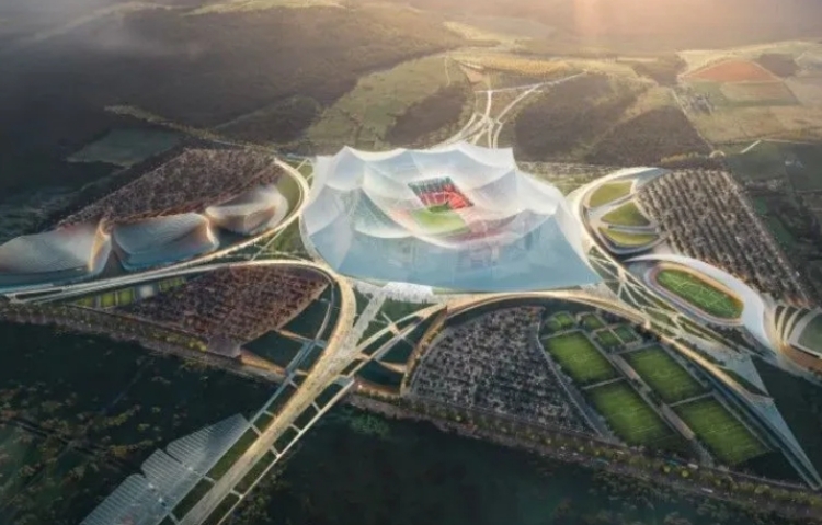 Grande Stade Hassan II, Casablanca, Marrocos - Uma renderização do futuro local da Copa do Mundo da FIFA de 2030, que tem capacidade planejada para 115 mil pessoas; Os designers afirmam que será o maior estádio de futebol do mundo. Foto: Populous e Oualolou + Choi/ Divulgação