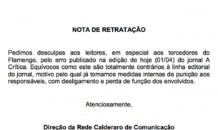 Leia Nota de Retratação do Jornal A Crítica por ter ofendido flamenguistas