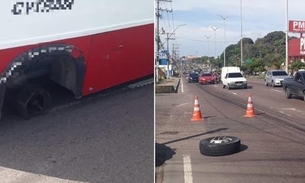 Roda de micro-ônibus se solta e por pouco não causa acidente em avenida de Manaus