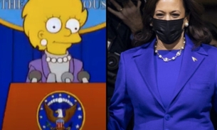 Foto: Lisa Simpson em episódio de 2000  e a vice-presidente dos EUA na cerimônia da posse em 2021.