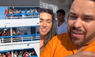Michel, Giovanna e Lucas Pizane vão de barco a Parintins. Ex-BBB filmou outros passageiros que estavam no barco vizinho. Foto: Reprodução/Instagram 