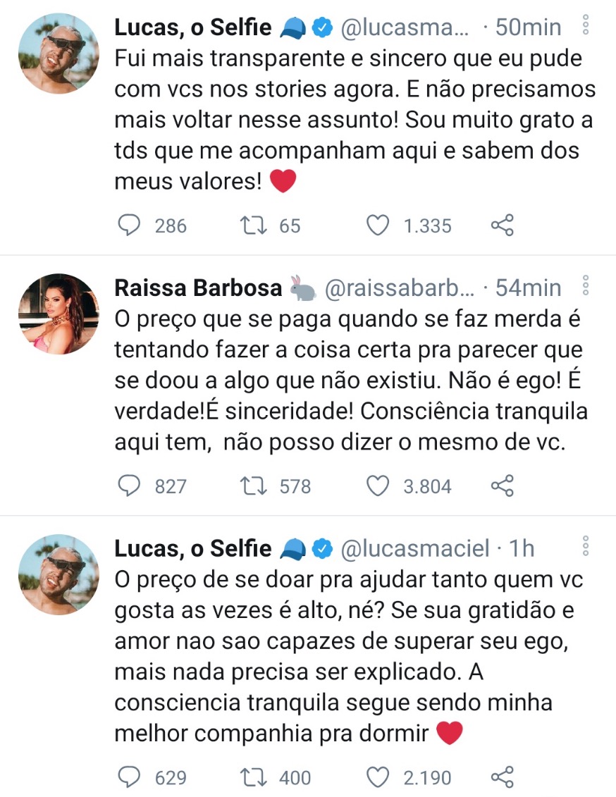 Raissa Barbosa e Lucas Selfie terminam namoro e trocam farpas