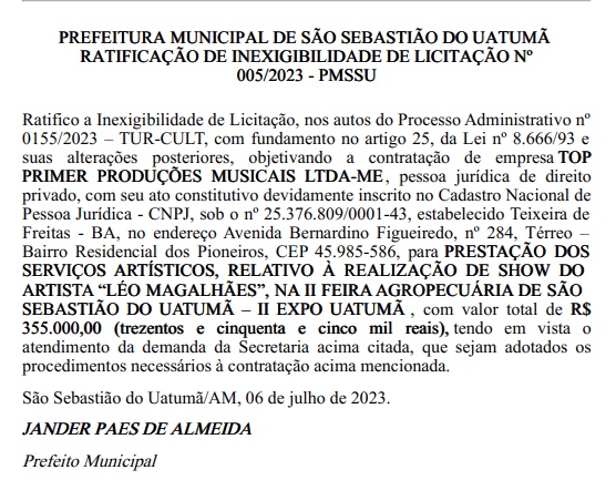 Prefeitura contrata Léo Magalhães por R$ 200 mil para show no as