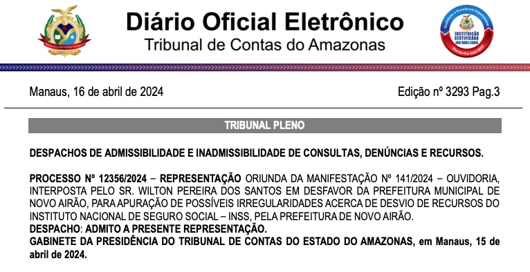 Fonte: Diário Eletrônico do TCE-AM