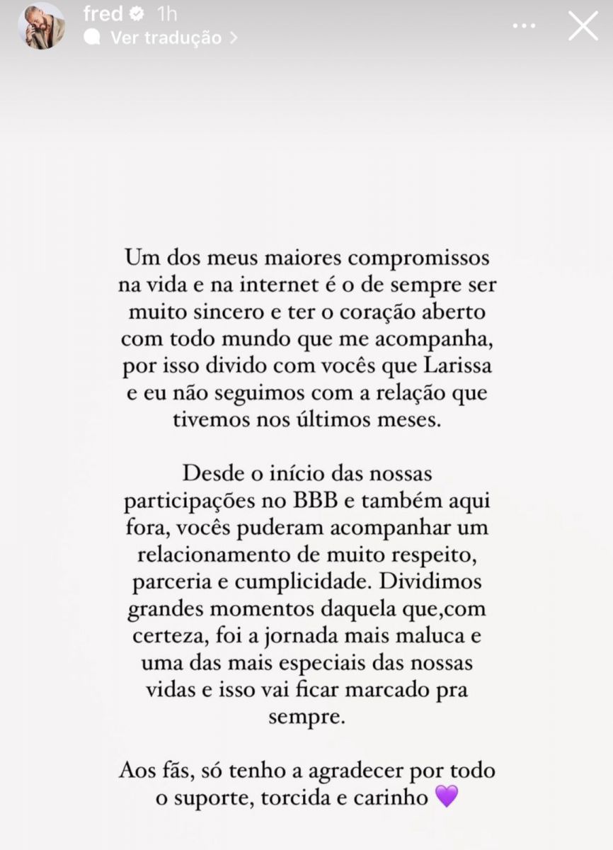 Fim do namoro! Ex-BBB Larissa faz mistério, mas confirma término com Fred  Bruno - Purebreak